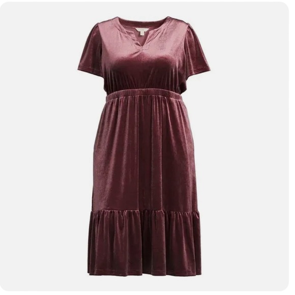 TERRA & SKY - Plum Velvet Midi Dress W/ Elastic Waist - Picture 1 of 7